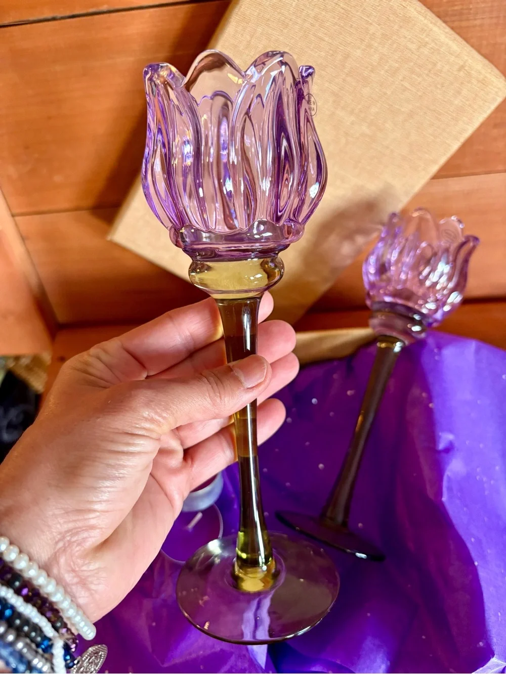 Glass Purple Tulip Tea-Light Candle Holders Set Floral Scalloped Candlesticks